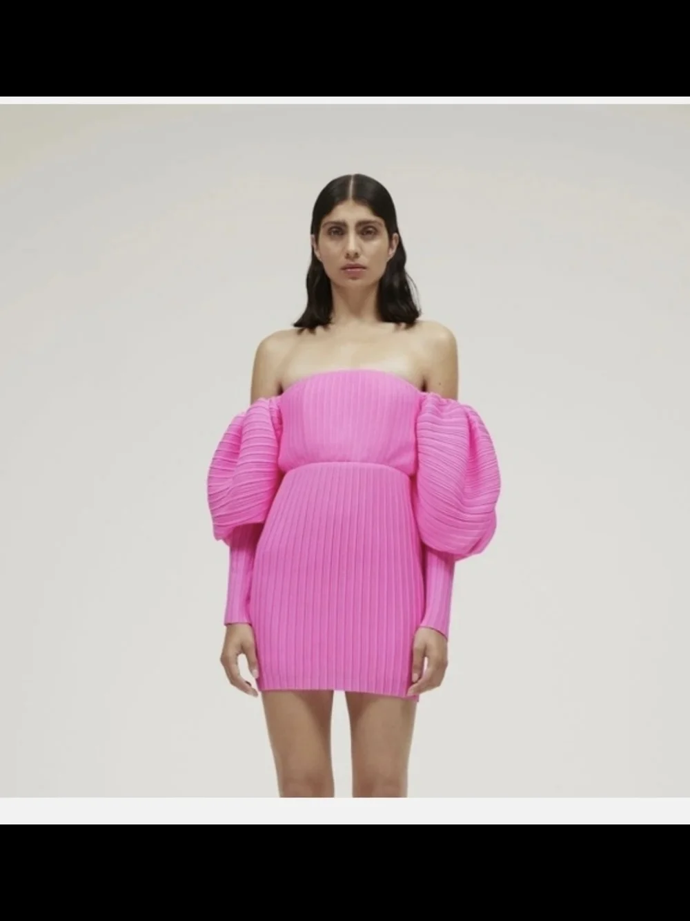 Solace London Hot Pink Strapless Puff-Sleeve Ribbed Mini Dress - Picture 7 of 11